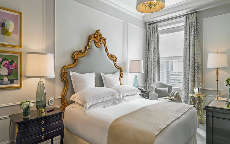 The bedroom in the Legacy Suite at The Plaza Hotel New York, USA